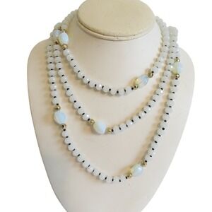 Natasha Beaded Necklace White Opal Gold Tone Layered Long Statement